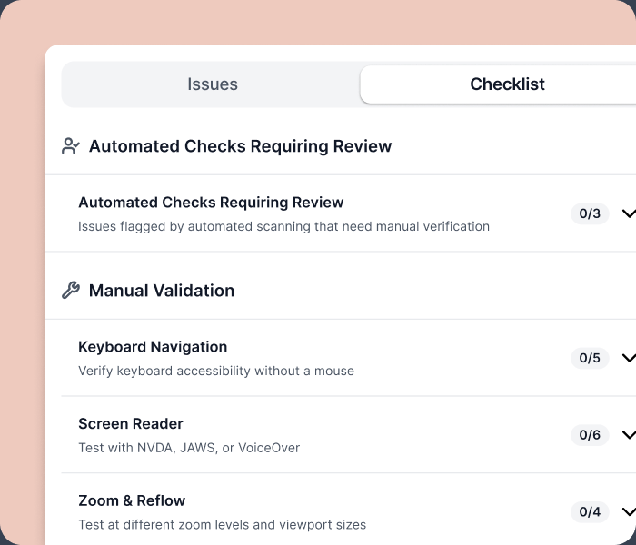 Za11y manual review checklist with keyboard navigation, screen reader and zoom checks