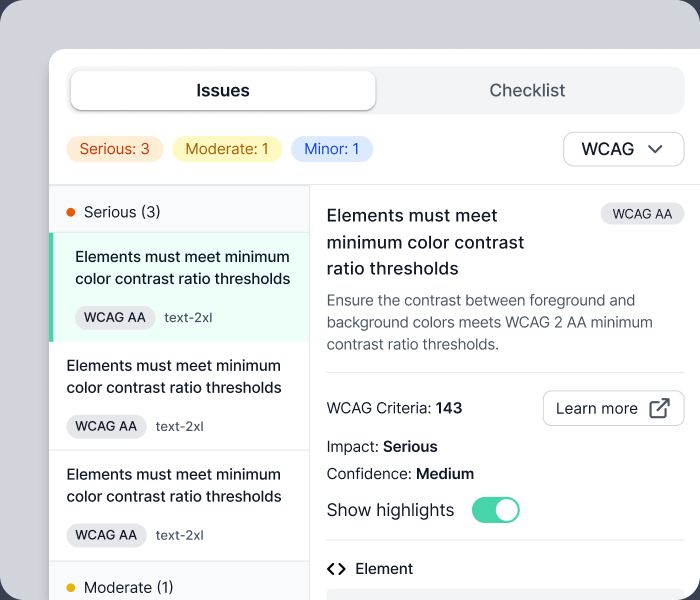 Za11y issue detail showing WCAG criteria, impact, confidence and a show highlights toggle